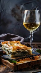 Naklejka premium A serving of Greek spanakopita with a glass of white wine