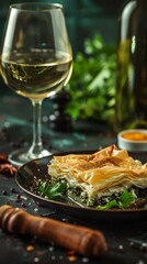 A serving of Greek spanakopita with a glass of white wine