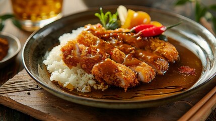 A serving of Japanese katsu curry with a glass of barley tea