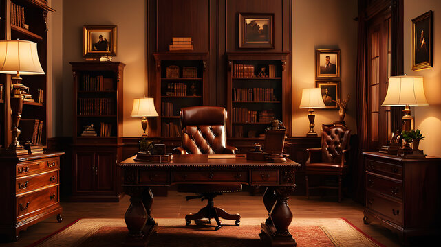 A traditional office setup with wooden furniture, a classic desk, and elegant decor elements Wooden desk and shelves, classic art or photographs on the walls, and warm lighting.