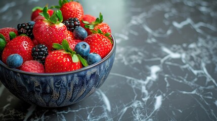   A bowl filled with red and blueberries on a green marble countertop - Powered by Adobe
