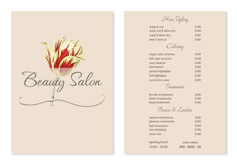 Vector Illustration sticker business card for beauty salon with pricelist and special offer opening hours and phone number for reservation decorated with botanical art texture. A4 printable template