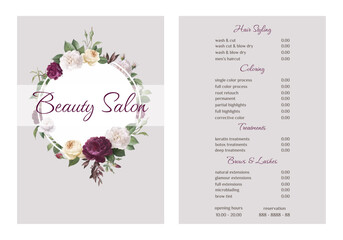Vector Illustration sticker business card for beauty salon with pricelist and special offer opening hours and phone number for reservation decorated with botanical art texture. A4 printable template