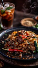 A serving of Thai pad see ew with a glass of Thai iced coffee