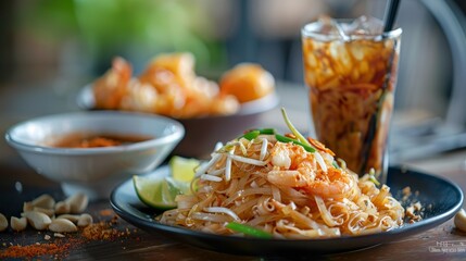 A serving of Thai pad thai with a glass of Thai iced coffee