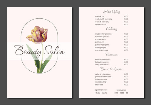 Vector Illustration sticker business card for beauty salon with pricelist and special offer opening hours and phone number for reservation decorated with botanical art texture. A4 printable template