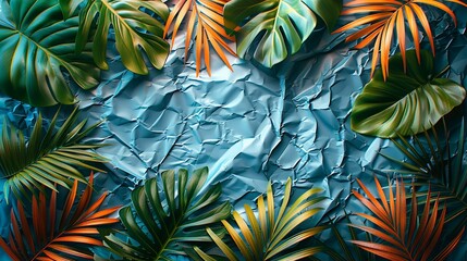 Naklejka premium Textures background A creative composition showcasing a background of tropical leaves and foliage, overlaid with grunge metal textures and a wrinkled plastic wrap effect, framed in an instant photo