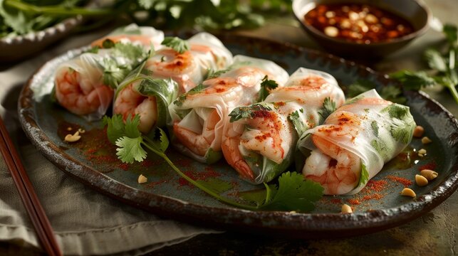 A serving of Vietnamese spring rolls with shrimp, fresh herbs, and dipping sauce in a garden party setting