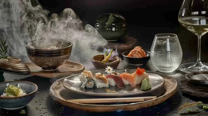 A sophisticated setting of a sushi kaiseki meal, with each course presented on individual ceramic dishes, accompanied by sake in fine glassware