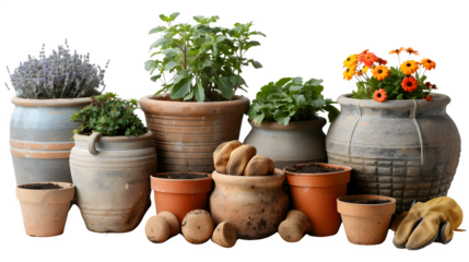 Gardening Tools with Potted Plants for Horticulture and Greenery, Isolated on White, Transparent Background, PNG File, Hand Edited Generative AI