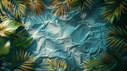Fototapeta na wymiar Textures background A high-resolution and visually striking background featuring tropical leaves and foliage plants, highlighted by a grunge metal texture and a wrinkled plastic wrap effect, framed