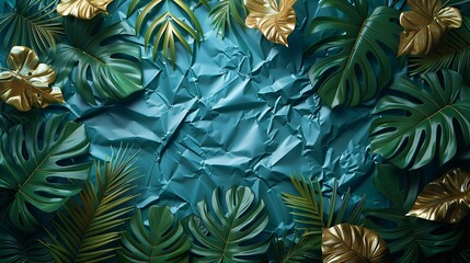 Textures background A modern and abstract background design featuring tropical leaves and foliage plants, highlighted by a wrinkled plastic wrap texture and grunge metal, framed by an instant photo