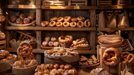 A traditional German bakery with pretzels and various breads displayed on wooden shelves, with a warm and inviting atmosphere