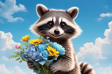 Obraz premium Cute racoon with bouquet of flowers, against blue sky background. Birthday and holiday greeting for kids 