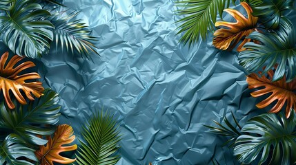 Textures background A modern and creative background illustration featuring tropical leaves and foliage plants, highlighted by a grunge metal effect and a wrinkled plastic wrap overlay, framed in an