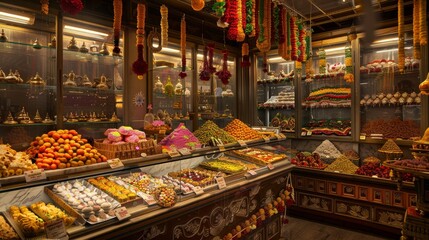A traditional Indian sweets shop filled with an array of colorful mithai, with intricate decorations and garlands hanging from the ceiling