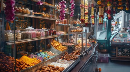 A traditional Indian sweets shop filled with an array of colorful mithai, with intricate decorations and garlands hanging from the ceiling