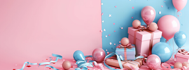 a pink and blue background with balloons and presents