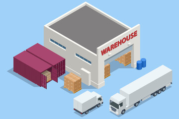 Isometric large modern warehouse with truck. Logistics, Warehouse, Freight, Cargo Transportation. Storage of goods. Storage, pick, pack and dispatch.
