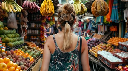 Obraz premium Travel blogger exploring a vibrant street market, taking notes on colorful stalls filled with exotic fruits and textiles