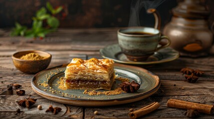 A traditional Turkish baklava with a cup of Turkish coffee