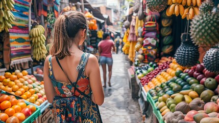 Travel blogger exploring a vibrant street market, taking notes on colorful stalls filled with exotic fruits and textiles