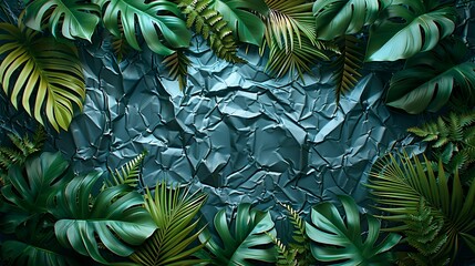 Textures background A modern and visually compelling background design featuring tropical leaves, foliage plants, a grunge metal texture, and a wrinkled plastic wrap effect, framed in an instant