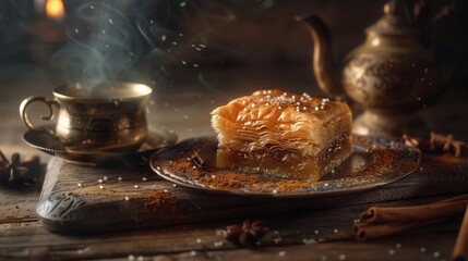 A traditional Turkish baklava with a cup of Turkish coffee