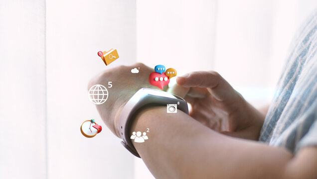 Social media icons on watchphone. Media marketing concept..