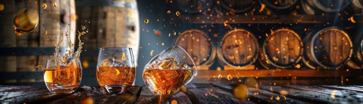 A traditional Scottish whisky with a rich amber color, served neat in a tasting room with wooden barrels