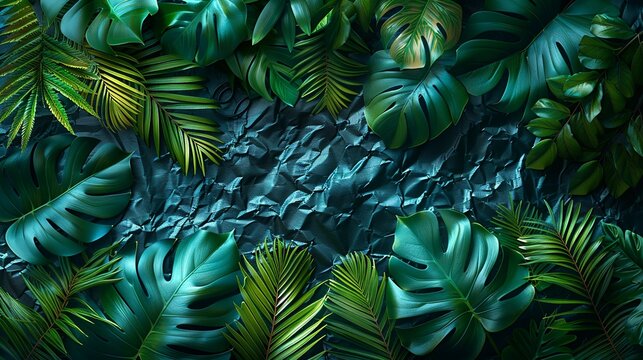Textures background A modern and visually compelling background design featuring tropical leaves, foliage plants, a grunge metal texture, and a wrinkled plastic wrap effect, framed in an instant
