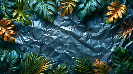 Textures background A modern background design combining tropical foliage and leaves with a grunge metal texture and a wrinkled plastic wrap overlay, framed in an instant photo style. Various colors,