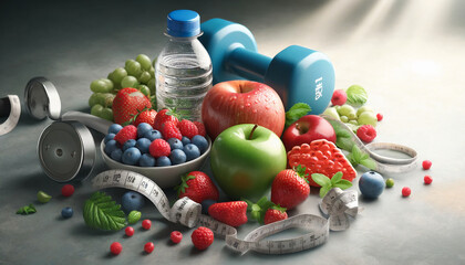 diet food concept- fresh fruits, dumbbell and meter tape- Fitness, health food - Powered by Adobe