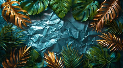 Textures background A modern textured background with tropical leaves and foliage plants, highlighted by a grunge metal effect and a wrinkled plastic wrap overlay, framed by an instant photo border.