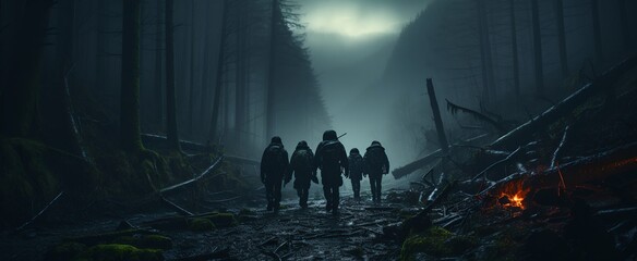 a group of people walking through a dark forest at night with a campfire in the foreground and fog in the background..