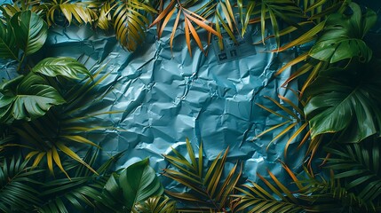 Textures background A visually compelling background combining tropical foliage, grunge metal textures, and wrinkled plastic wrap, framed by an instant photo border for a nostalgic touch. Various