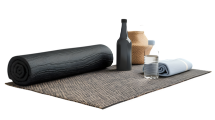 Fitness Enthusiast Setup with Exercise Mat and Water Bottle for Workout and Hydration, Isolated on White, Transparent Background, PNG File, Hand Edited Generative AI