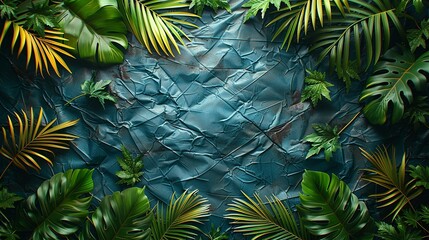 Textures background A visually striking and creative background with a combination of tropical leaves, foliage plants, grunge metal textures, and a wrinkled plastic wrap overlay, framed in an instant