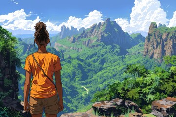 Naklejka premium Person Standing in Front of Mountain