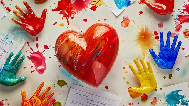 Volunteer of the year trophy shaped like a heart, surrounded by colorful handprints and community service certificates