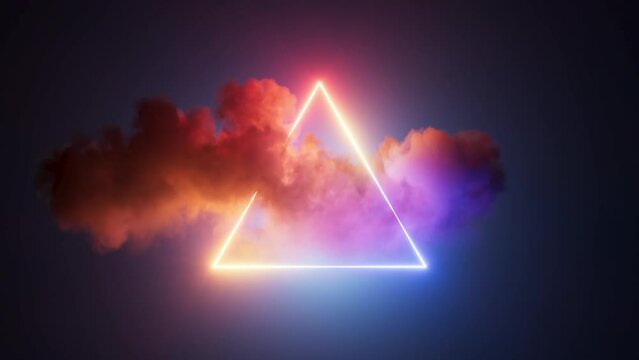looping 3d animation, abstract neon background. Colorful cloud spins around the glowing triangle. Fantastic minimalist wallpaper