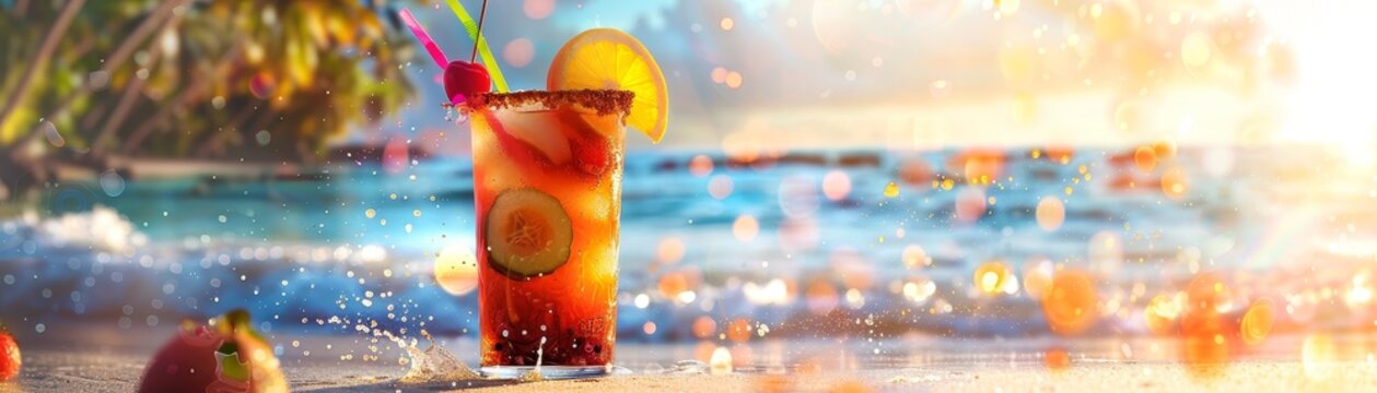 A vibrant glass of Jamaican rum punch with a colorful straw and tropical fruit garnish on a beach