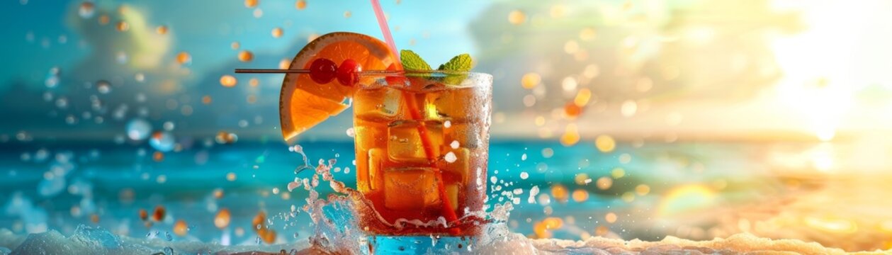 A vibrant glass of Jamaican rum punch with a colorful straw and tropical fruit garnish on a beach