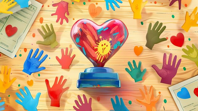 Volunteer of the year trophy shaped like a heart, surrounded by colorful handprints and community service certificates