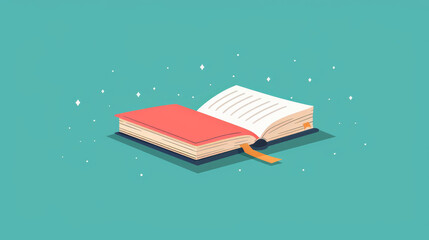 Vector illustration of an open book with a bookmark on a teal background, symbolizing knowledge, learning, and adventure in reading.