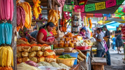 A vibrant Mexican market stall selling fresh tamales, with colorful papel picado decorations and bustling marketgoers in the background