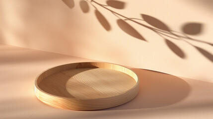 Minimalist Wooden Tray with Leaf Shadows in Soft Sunlight