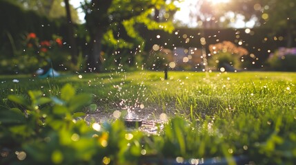 a sprinkle of water is coming from a lawn in the sun light