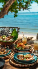 A vibrant scene of a Thai beachside restaurant with a table set with various seafood dishes and fresh coconut drinks, overlooking the ocean