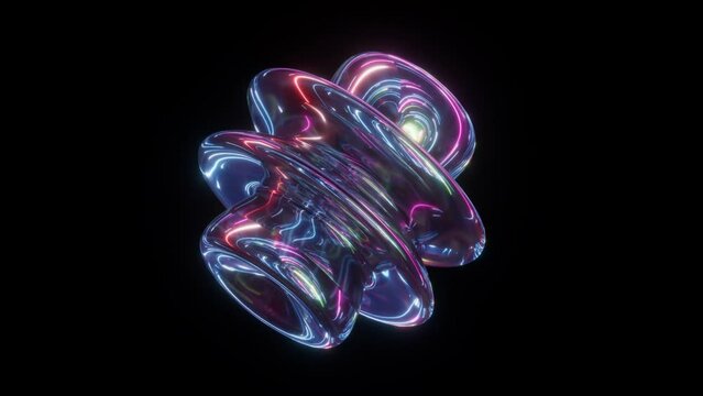 looping 3d animation. Glowing amorphous object, morphing fluid drop, translucent glass shape reflecting neon light, transforming smoothly, isolated on black background